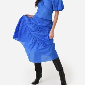 FRAME Gathered Seam cobalt blue tiered midi dress Asymmetrical hem